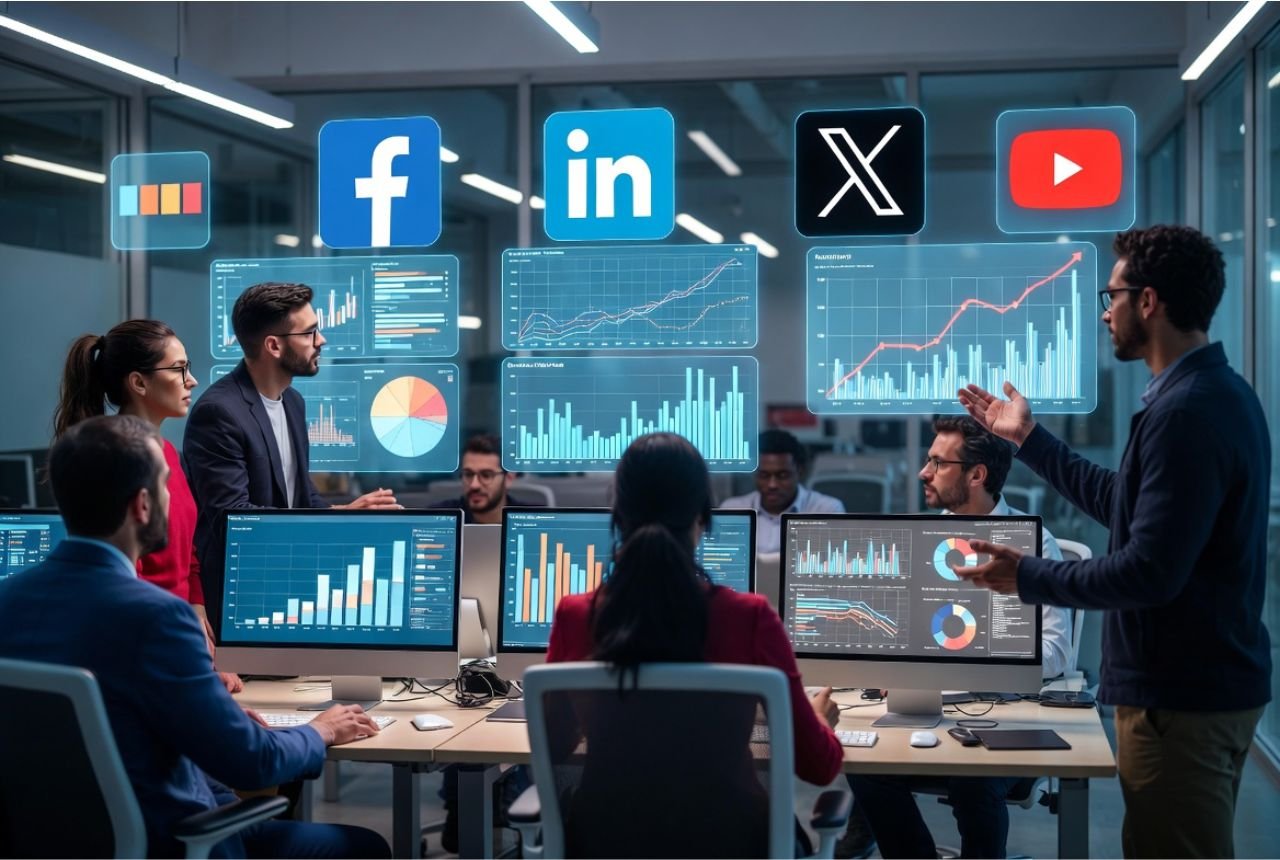 B2B marketing team analyzing social media data to boost brand visibility across LinkedIn, X, and YouTube.
