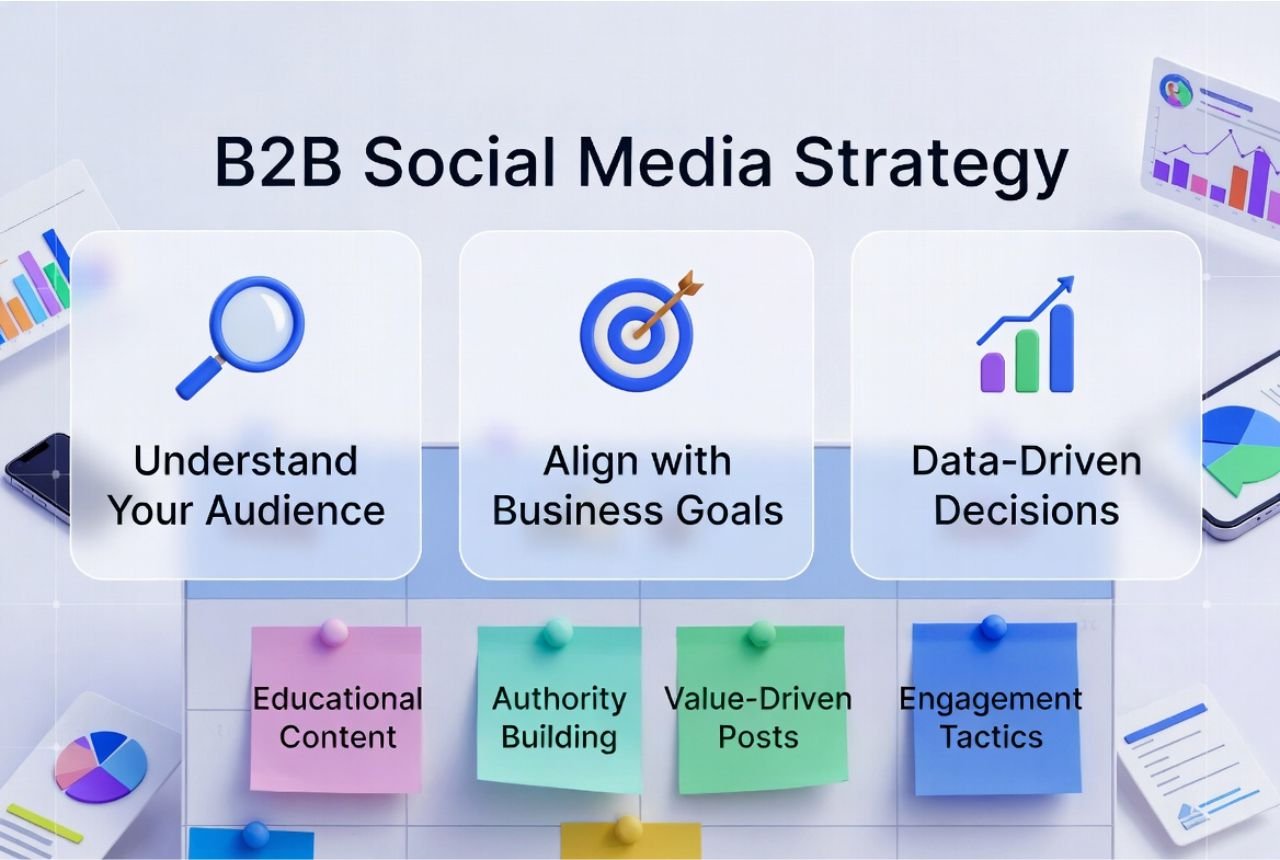 High-impact B2B social media content plan featuring content types and calendar organization.