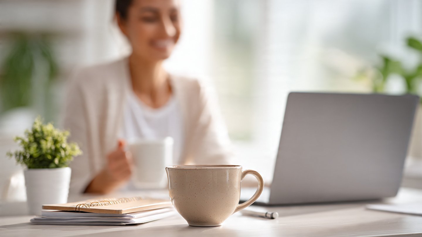 Professional smiling at a clean workspace with laptop, planner, coffee, and plant, symbolizing work-life balance and productivity.