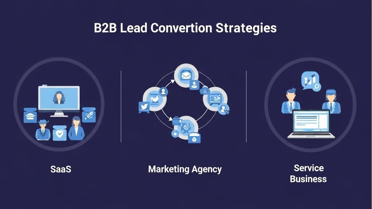 "Illustration of B2B lead nurturing examples across SaaS, agencies, and services using emails, webinars, and multi-channel strategies."
