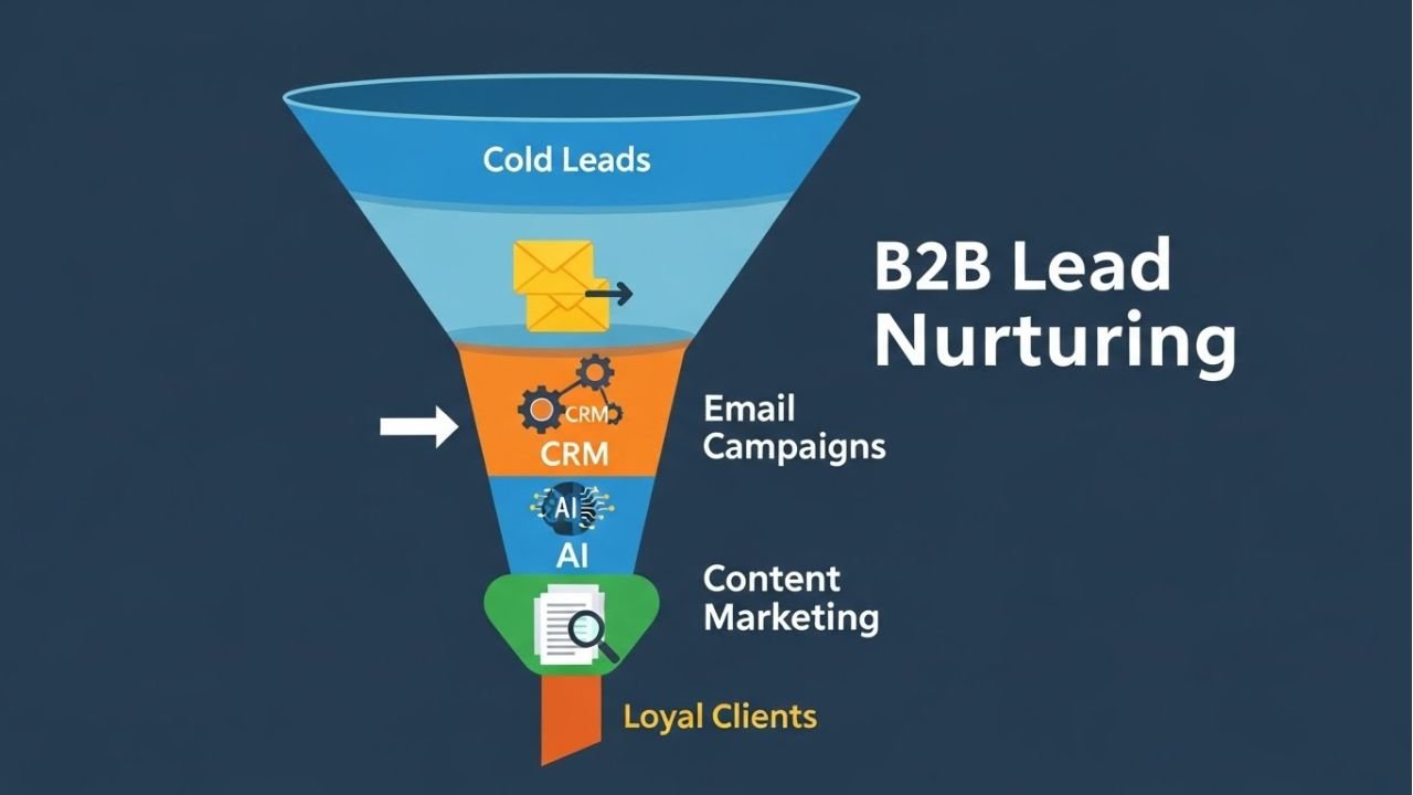 Illustration of B2B lead nurturing funnel converting cold leads into loyal clients with email, CRM, AI, and content marketing icons.