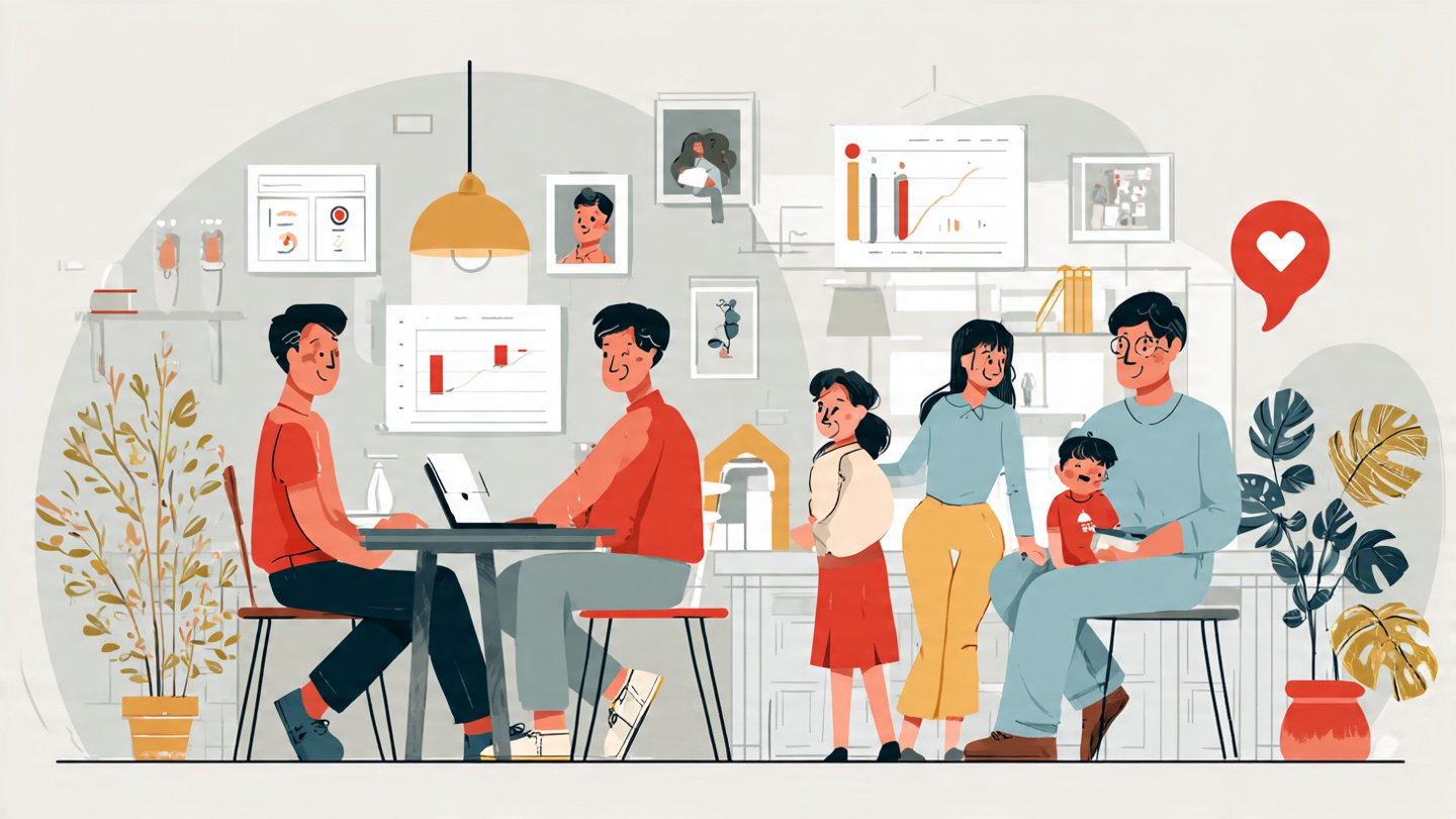 Team collaborating at work while another person spends quality time with family, symbolizing support system, collaboration, and work-life harmony.