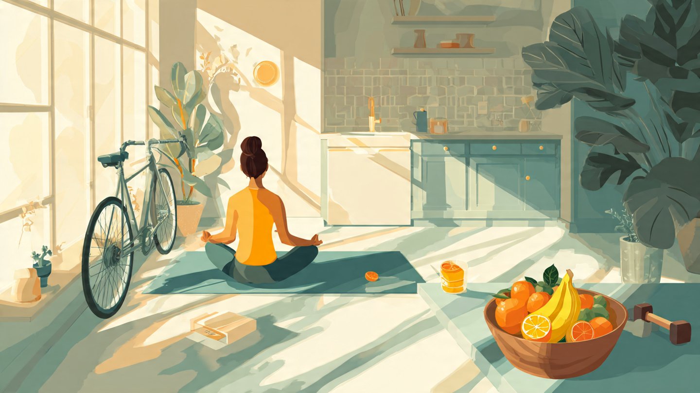 Person meditating on a yoga mat with healthy fruits nearby, sunlight streaming in, representing wellness routines and self-care practices.