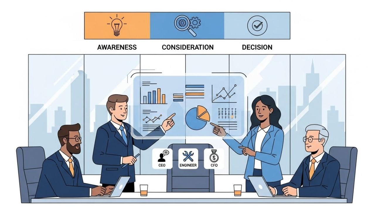 "Illustration of B2B buyers making decisions through awareness, consideration, and decision stages."