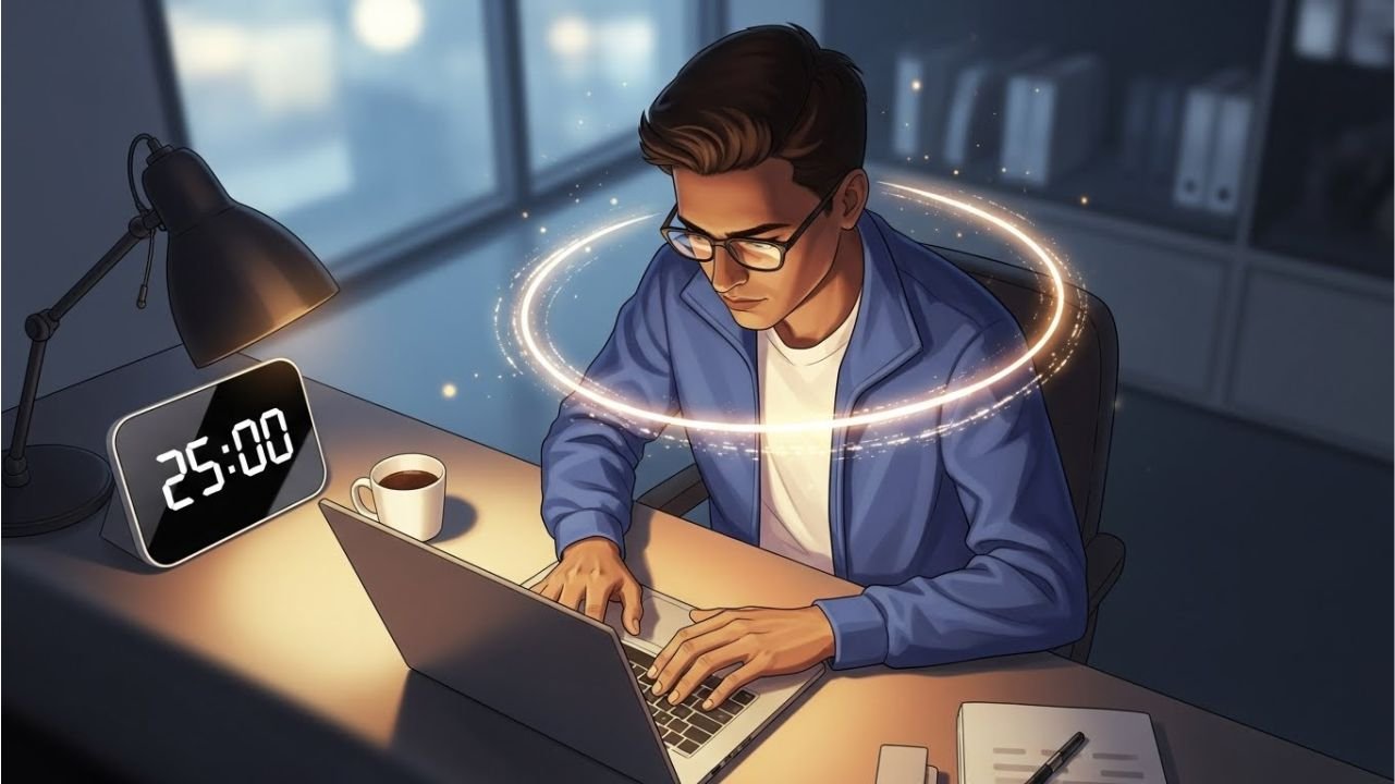 Person in deep work using the Pomodoro Technique, demonstrating sustained focus, attention management, and high productivity.