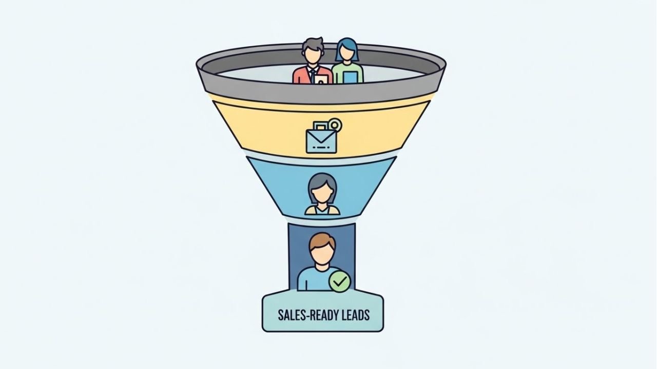 "Step-by-step illustration of a high-converting B2B lead nurturing funnel with segmentation and lead scoring."