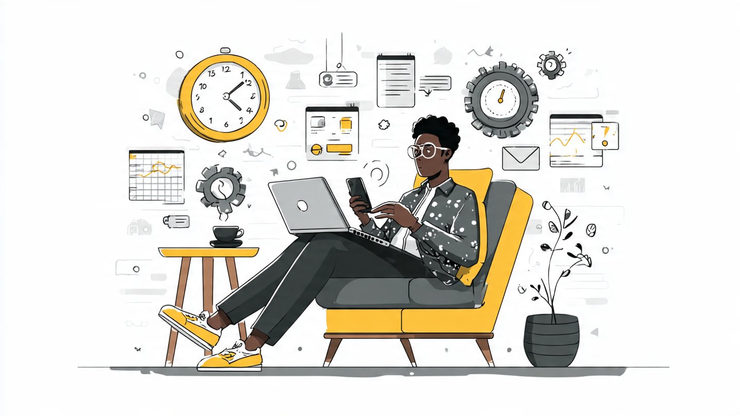 Professional using laptop and productivity apps while taking a short tech-free break, illustrating smart productivity and digital wellness.