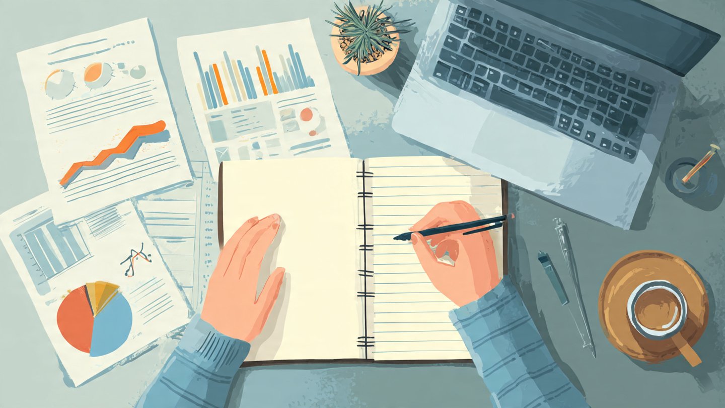 Person reflecting with notebook and laptop, tracking progress and adjusting goals, representing self-reflection, personal development, and continuous improvement.