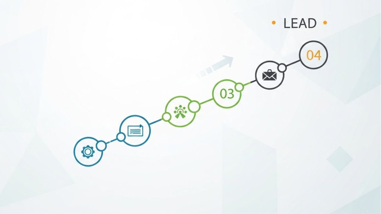 "Visual representation of B2B lead nurturing tactics like emails, webinars, case studies, and retargeting ads."