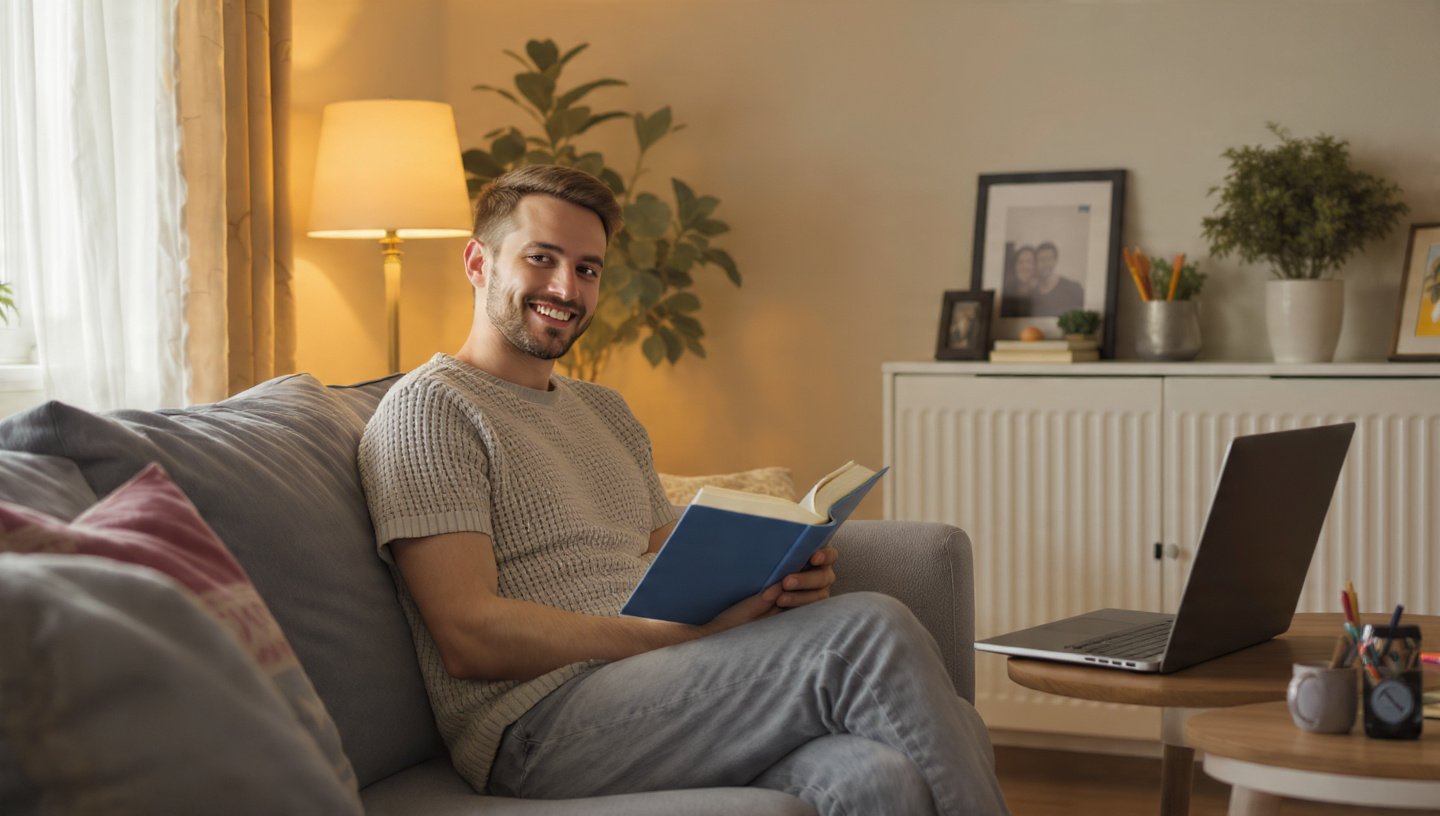 Person enjoying personal time at home with 'Do Not Disturb' notifications on laptop and phone, symbolizing boundaries and stress reduction.