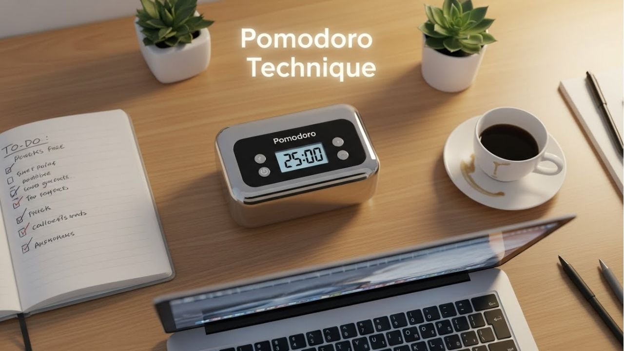 Workspace showing a Pomodoro Technique timer, a to-do list, and focused productivity, illustrating time management and attention control.