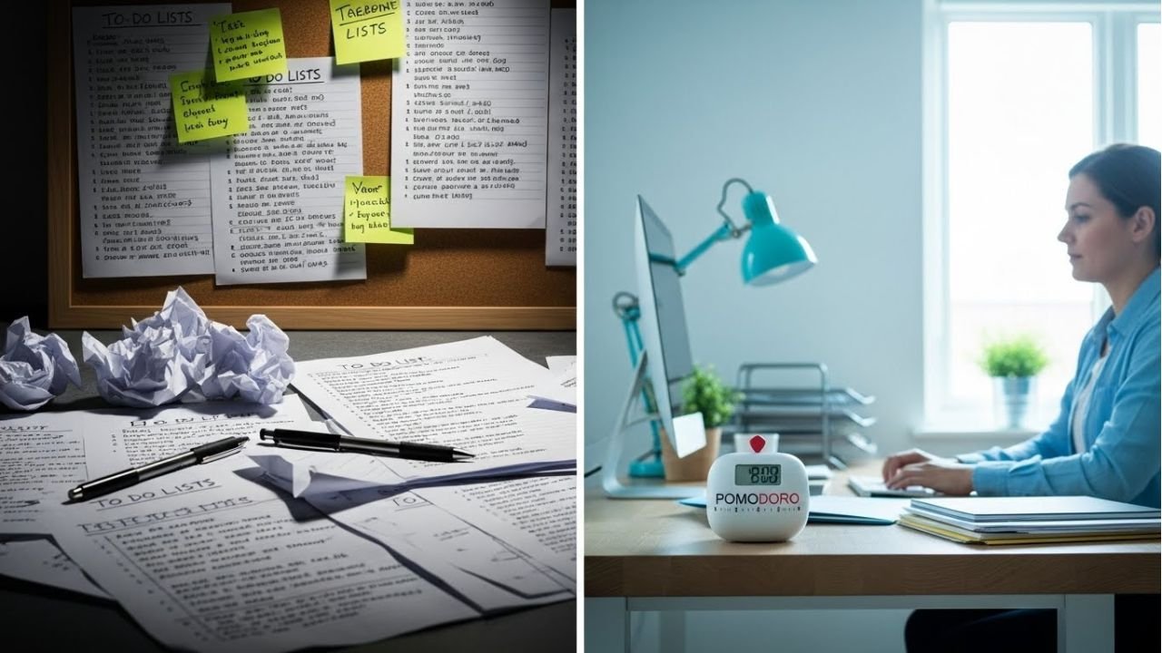 Comparison of chaotic to-do lists versus Pomodoro Technique workflow, showing better focus, reduced mental overload, and enhanced productivity.