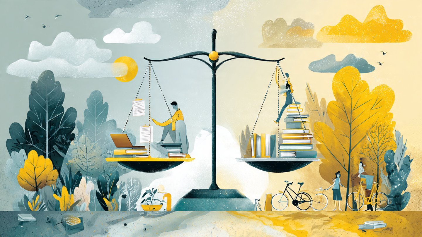 Balanced scale showing work items on one side and personal life items on the other, representing work-life harmony and mental wellness.