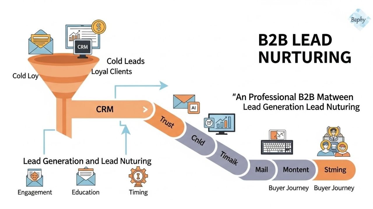 Infographic comparing B2B lead generation vs lead nurturing, highlighting trust, education, and timing.