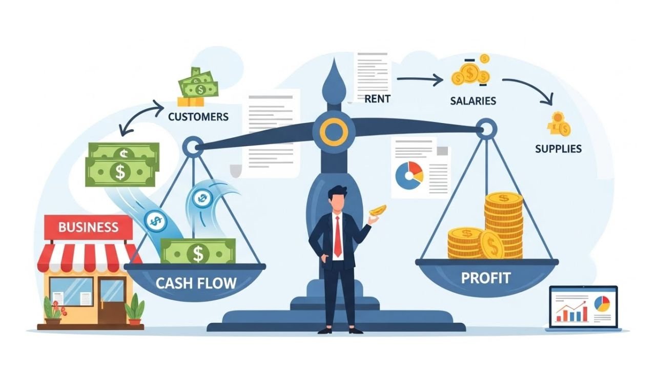 Cash flow movement in a small business showing money in and out