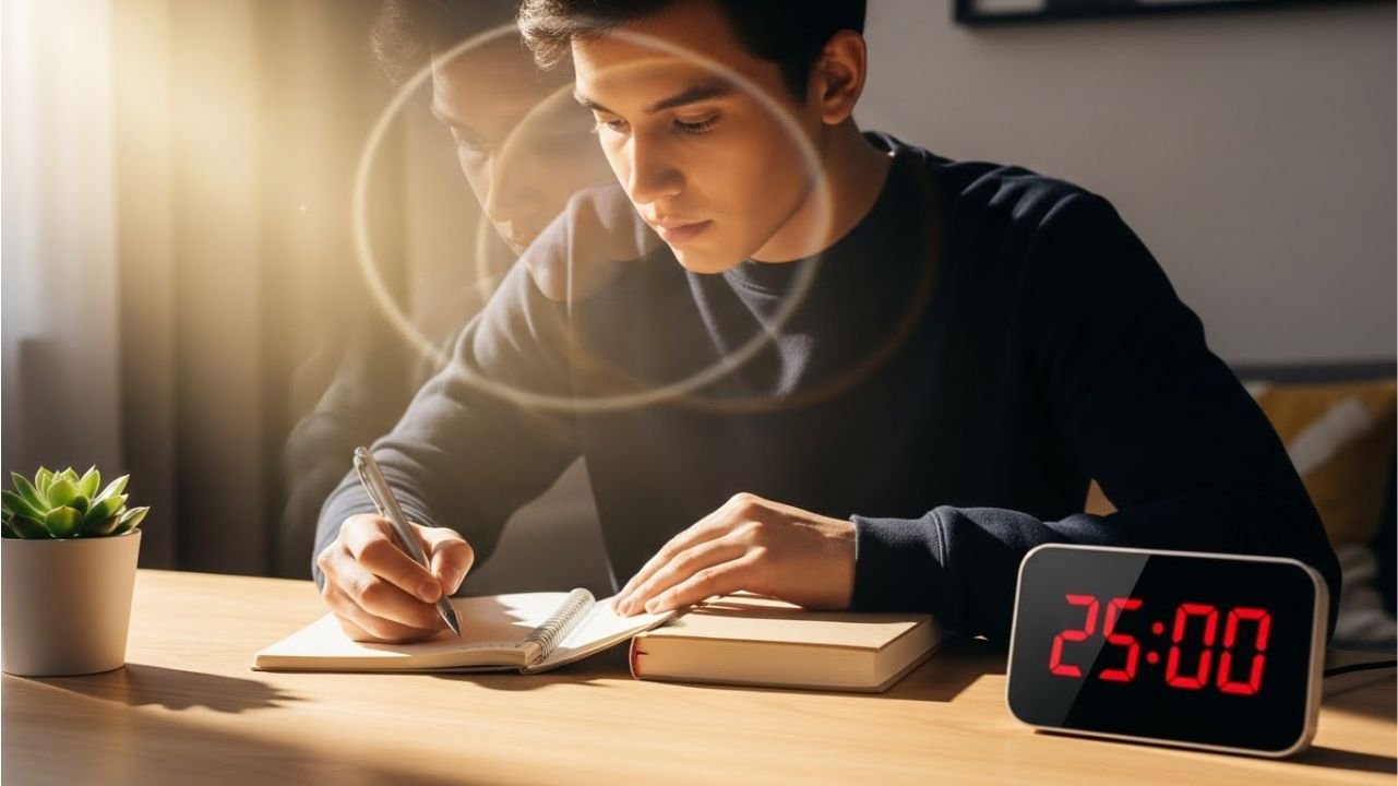 Focused person using the Pomodoro Technique with a 25-minute timer, illustrating improved concentration and time-based productivity.