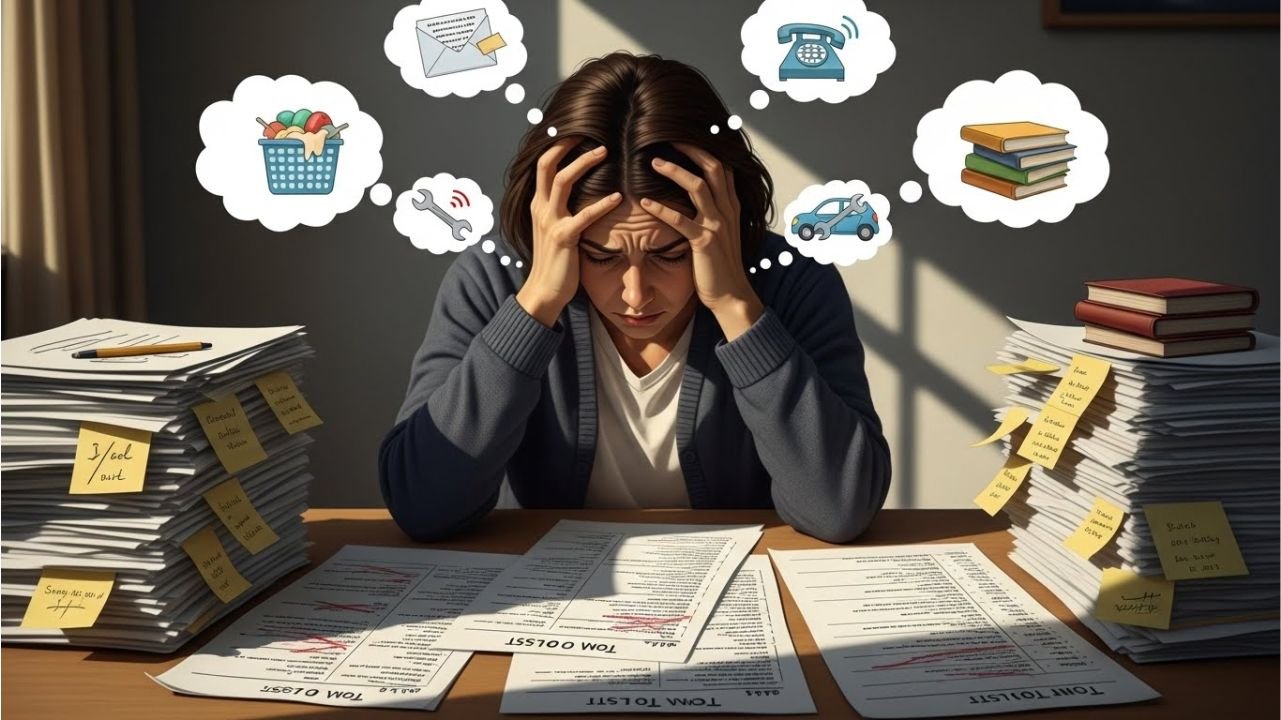 Person overwhelmed by multiple to-do lists, showing distraction, cognitive overload, and the limitations of traditional task management.