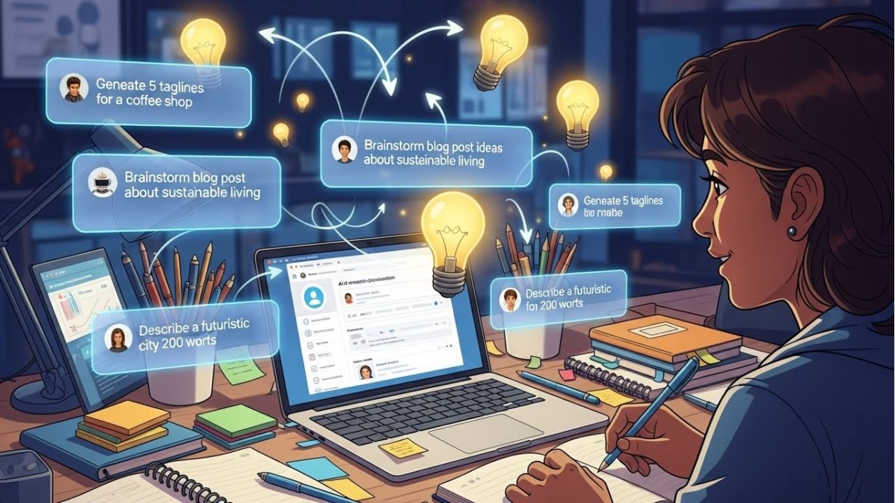 “Content creator using AI prompts to generate new ideas and unlock creativity while writing.”