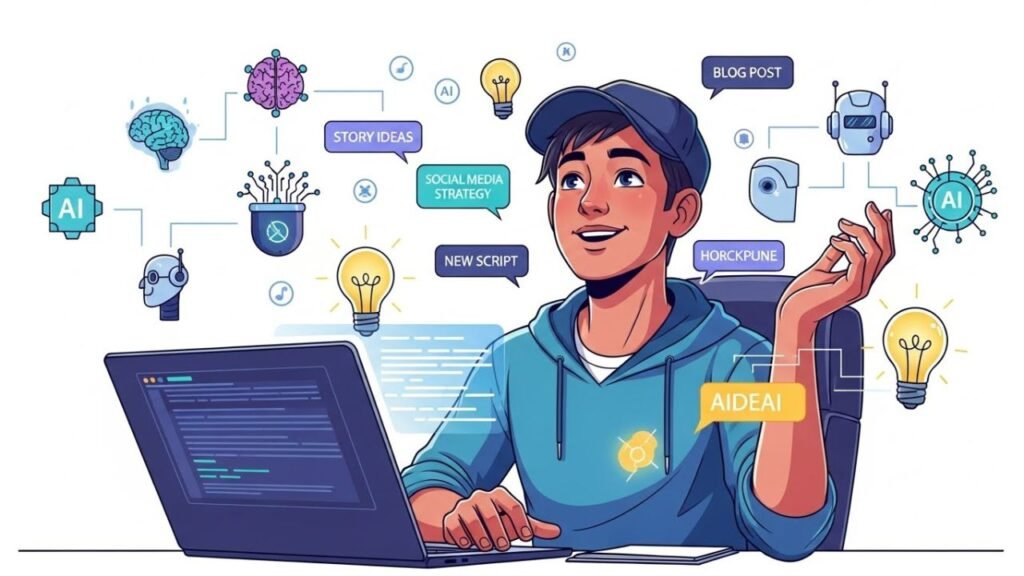 “Content creator using beat writer’s block with AI to beat writer’s block with glowing idea icons and writing prompts around laptop.”