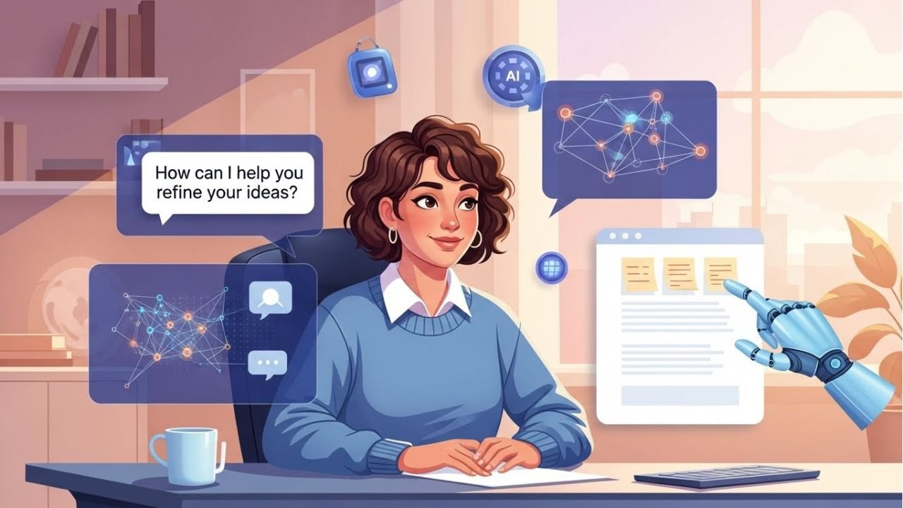 “Content creator using AI tools to organize ideas and overcome creative block.”