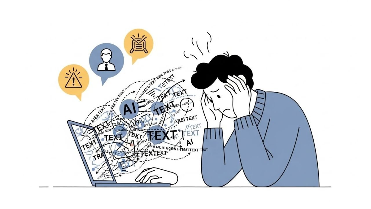 “Writer struggling with AI-generated content, showing common mistakes like over-reliance and lost personal voice.”