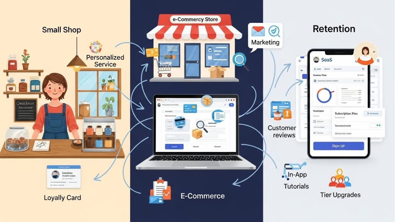 Illustration of customer retention strategies adapted for small businesses, eCommerce, and SaaS models.