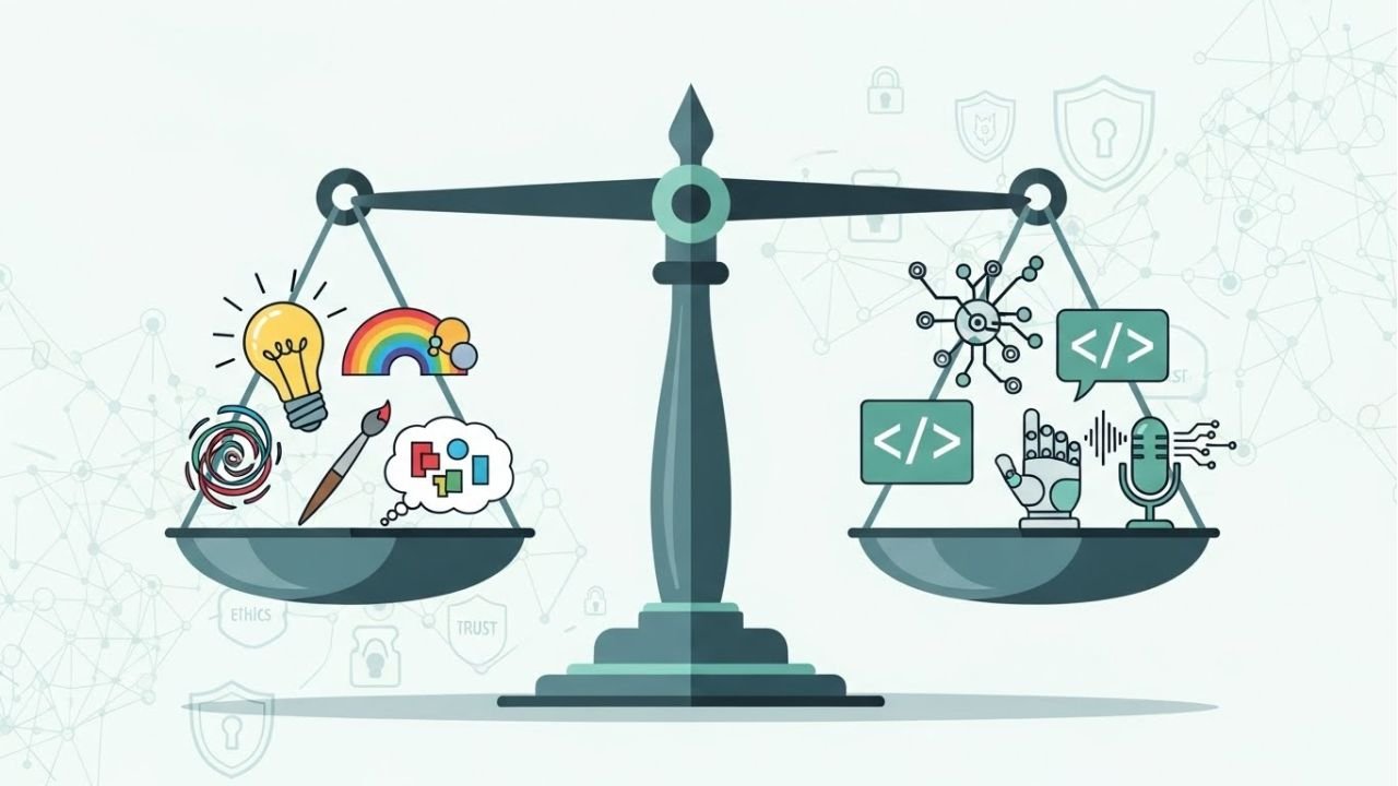 “Balanced scale showing ethical AI use alongside human creativity for responsible content creation.”