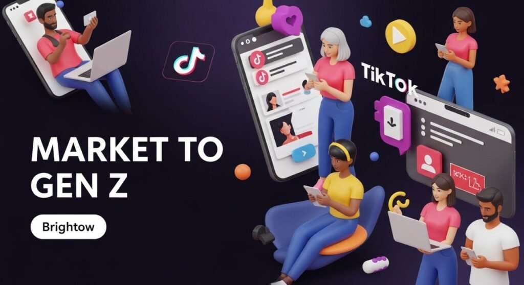 Gen Z using smartphones and laptops for TikTok marketing and authenticity-focused social media engagement.