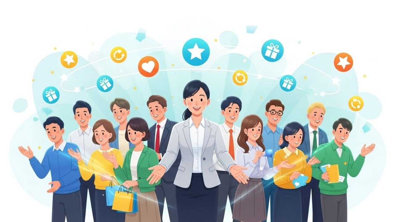 Illustration of happy customers engaging with a brand, representing customer retention and brand loyalty.