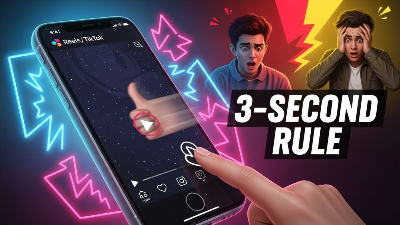 Thumbnail showing a creator stressed as a viewer is about to scroll past a short-form video, highlighting the 3-second rule.