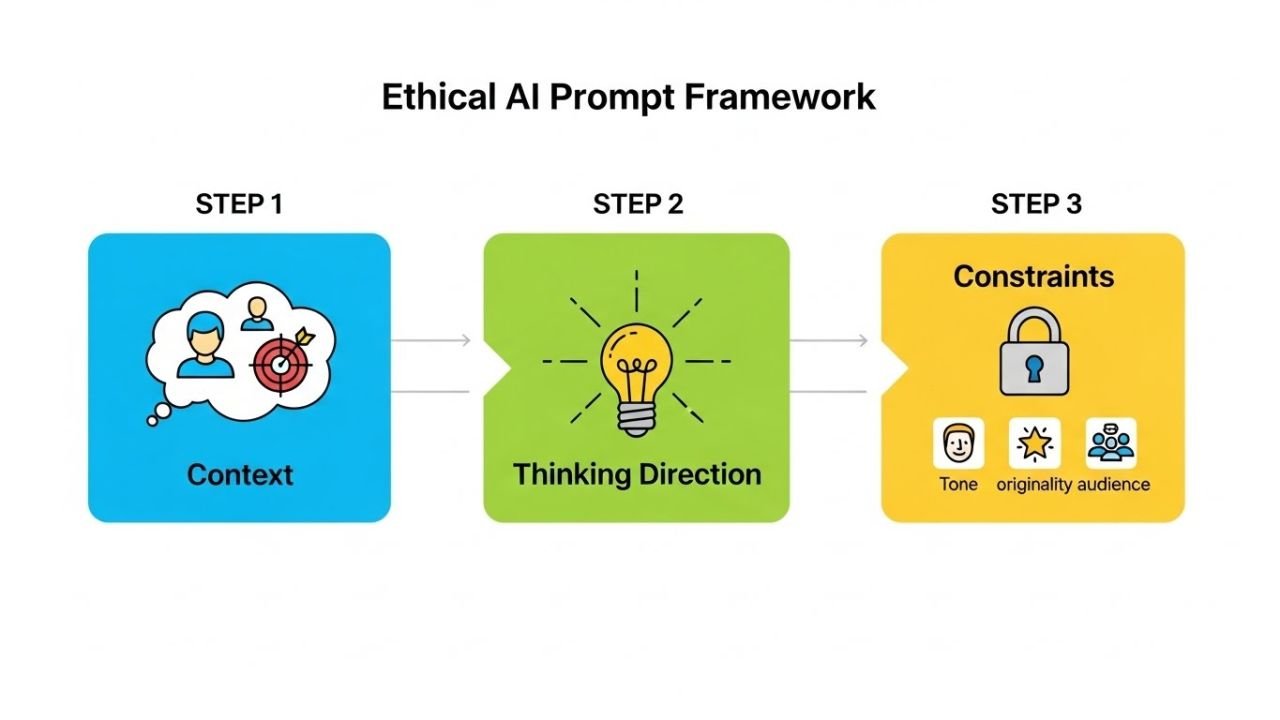 “Three-step ethical AI prompt framework showing context, thinking direction, and constraints for content creation.”
