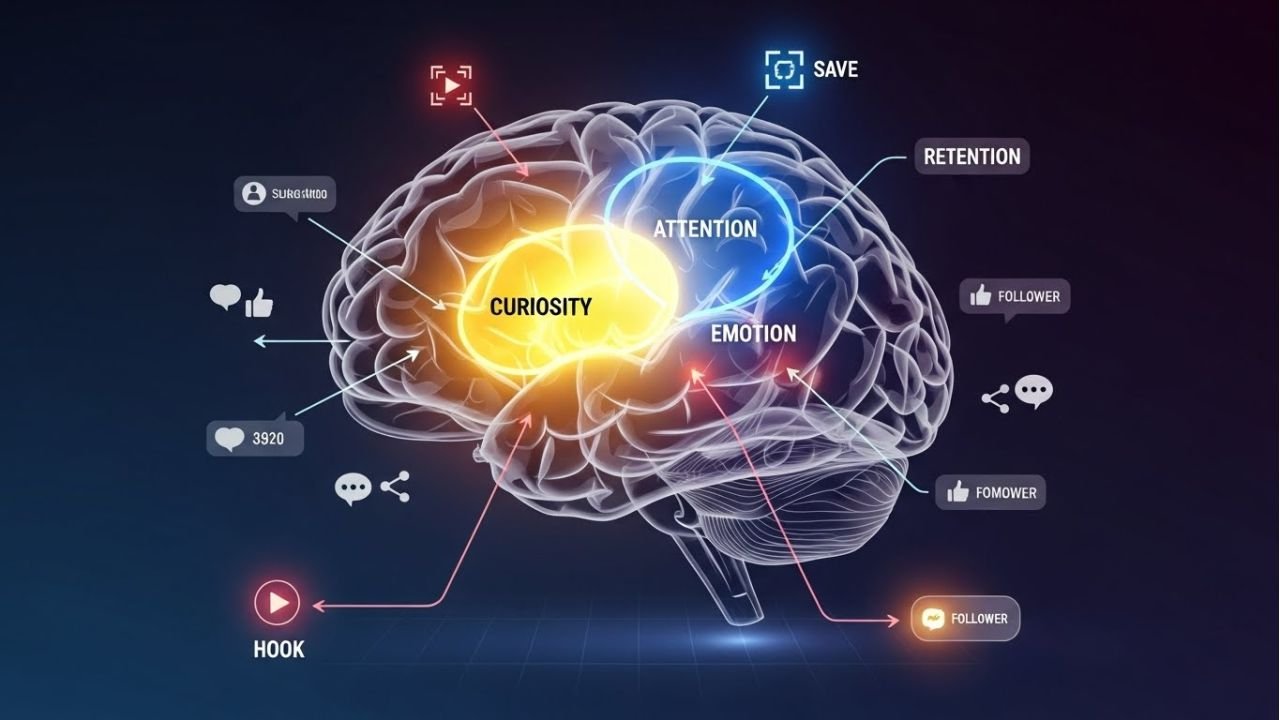Illustration of brain activity and attention, showing the psychology behind scroll-stopping hooks in short-form videos.