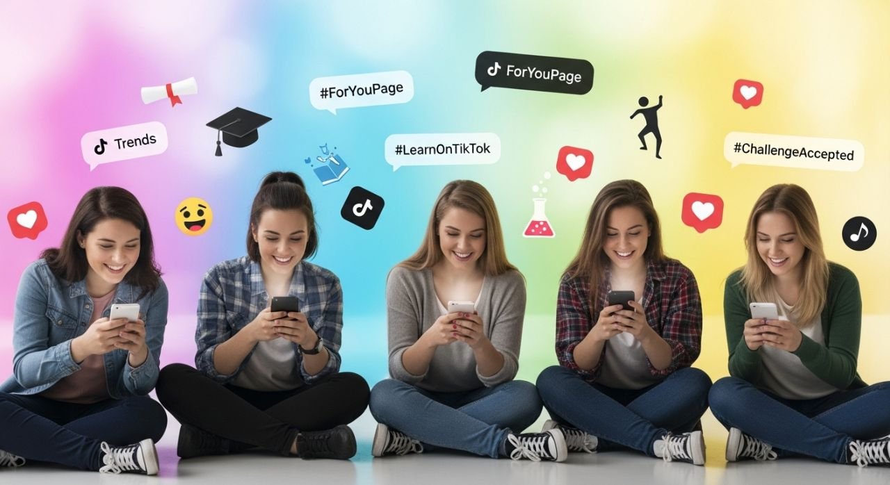 Gen Z browsing TikTok, discovering trends, short videos, and educational content on the platform.