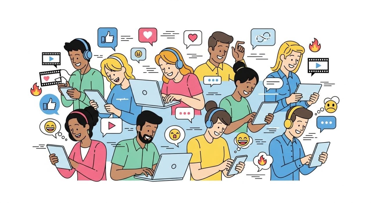 Gen Z interacting with social media, highlighting digital-native behavior and fast content consumption."