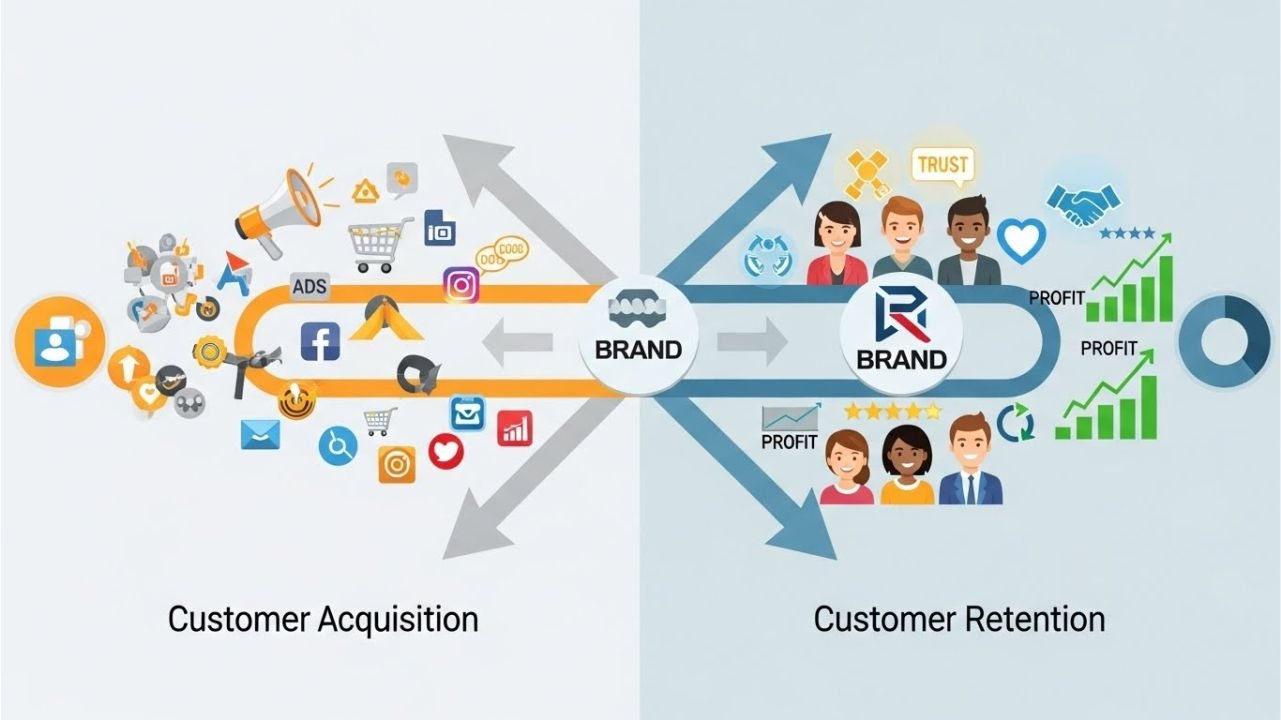Diagram comparing customer acquisition vs retention, highlighting the importance of Customer Retention Strategies.