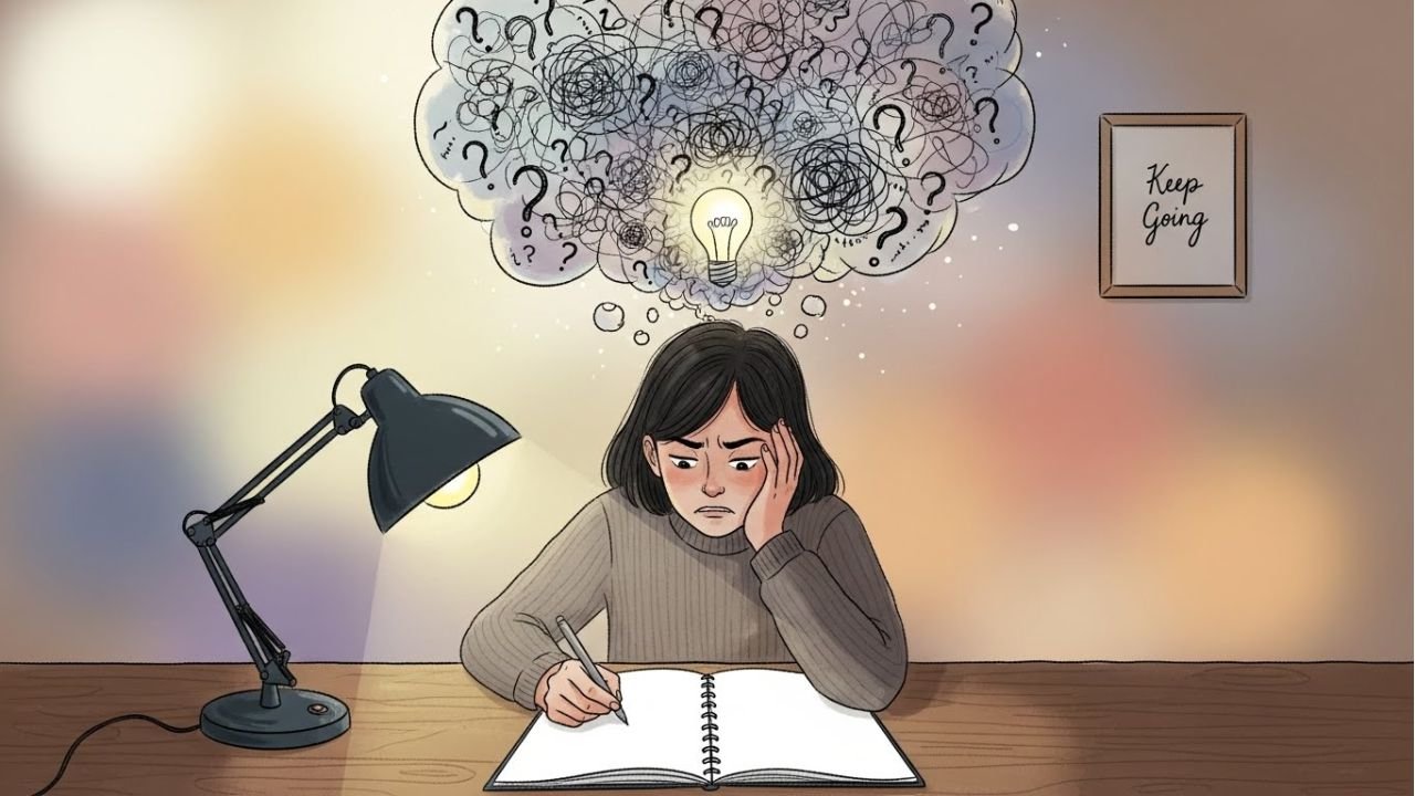 “Writer facing a blank page with tangled ideas and a glowing light bulb showing clarity and insight.”