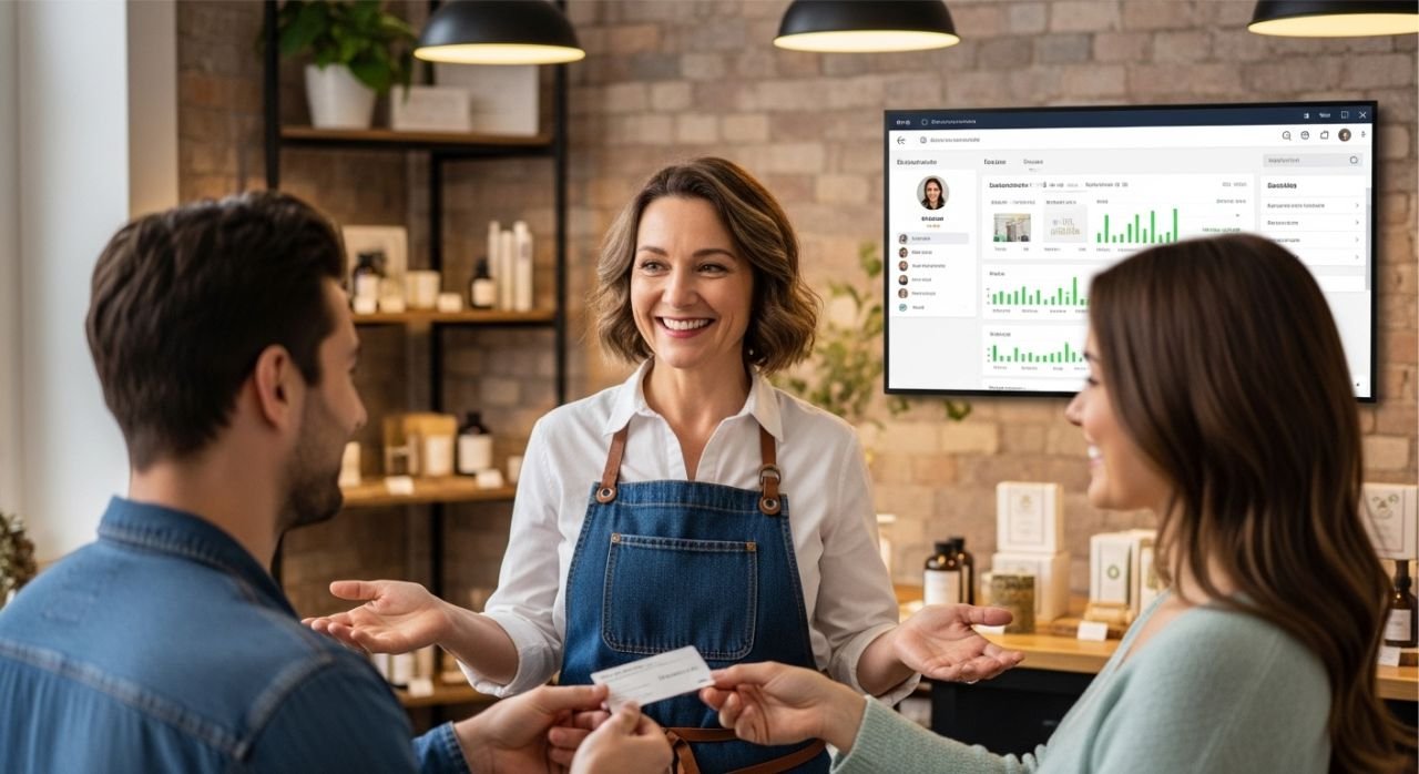 Small business owner building customer relationships with loyalty programs, personalized service, and CRM tools.