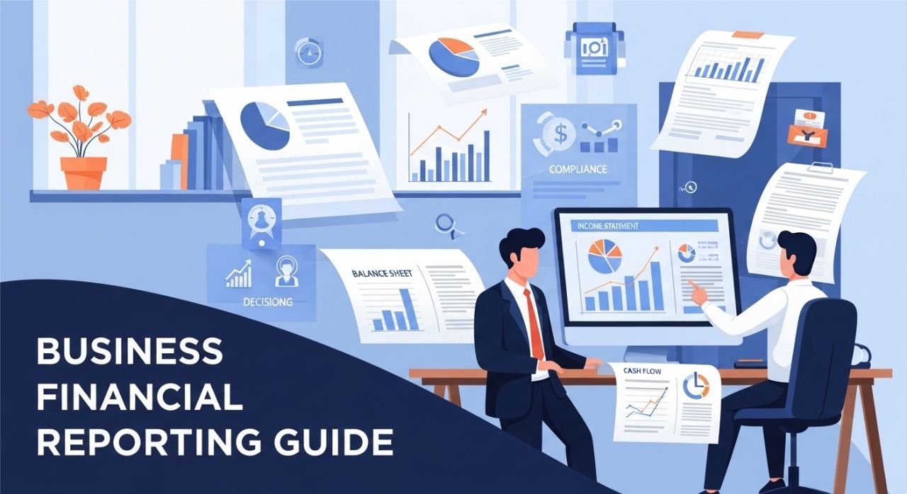 Illustration of a businessperson analyzing financial reports with charts, graphs, and growth icons, representing business financial reporting.
