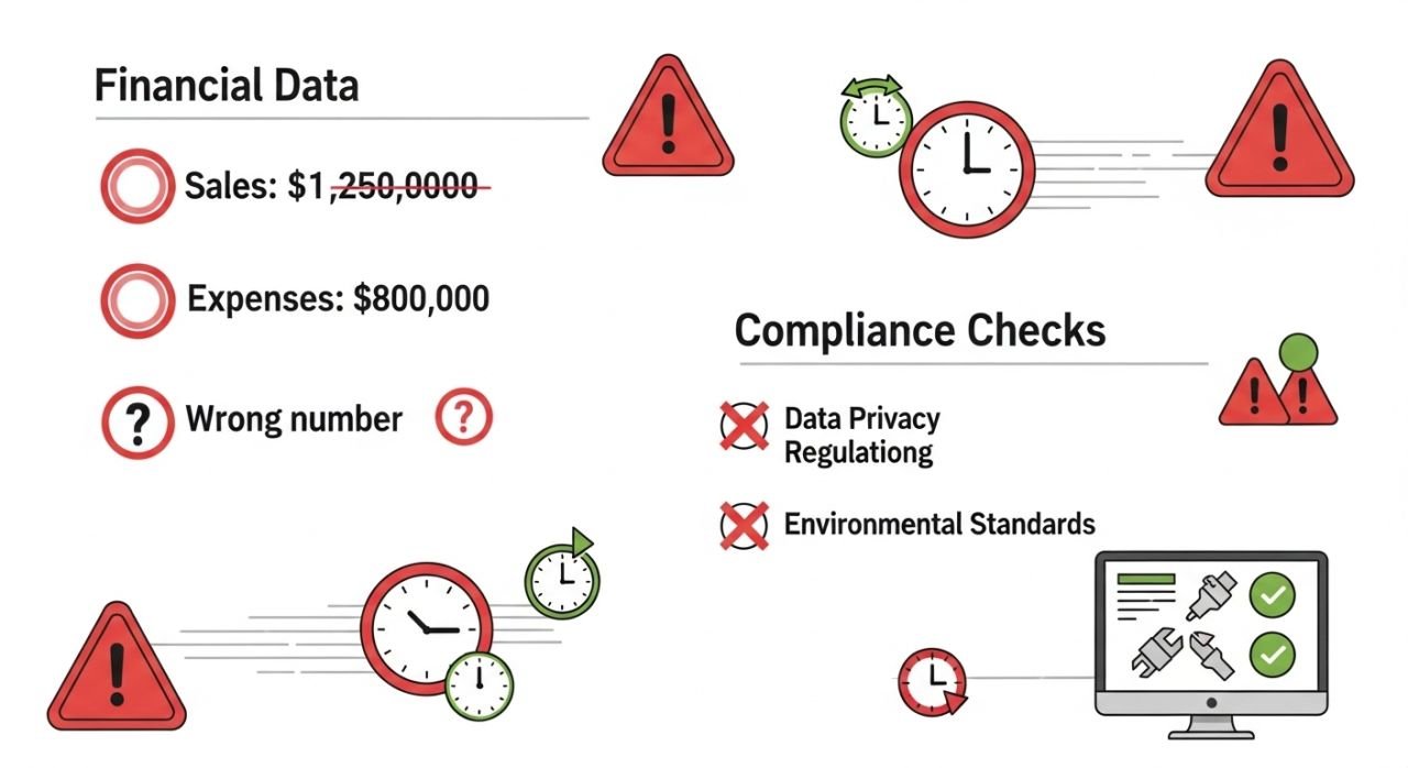 Visual showing common financial reporting mistakes like errors, delayed reporting, and compliance issues with corrective tools.