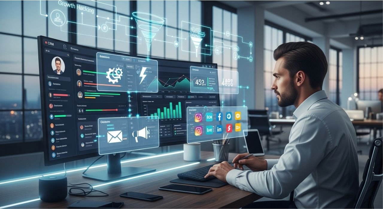 Small business leveraging technology with CRM, analytics, and automation tools for growth and efficiency.