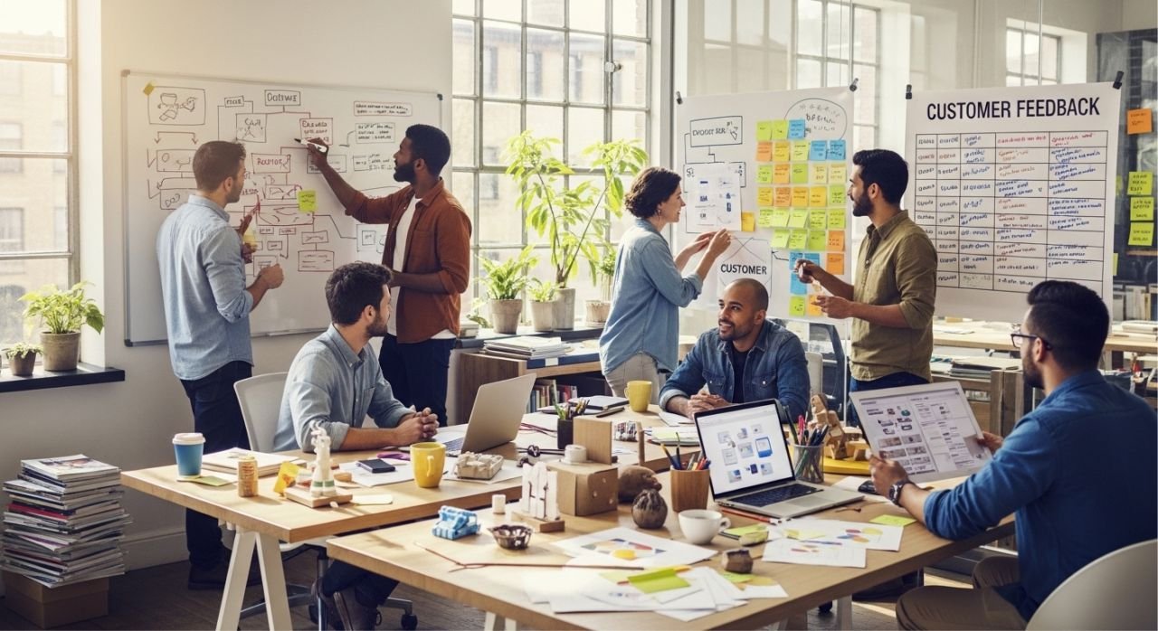 Small business team innovating products and services using brainstorming, prototypes, and customer feedback.