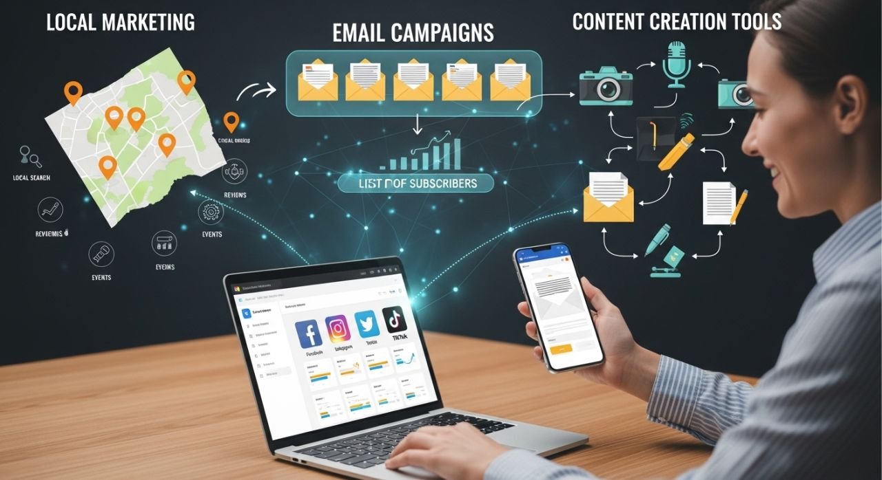 Small business owner using digital marketing, social media, and content strategies to maximize marketing impact.