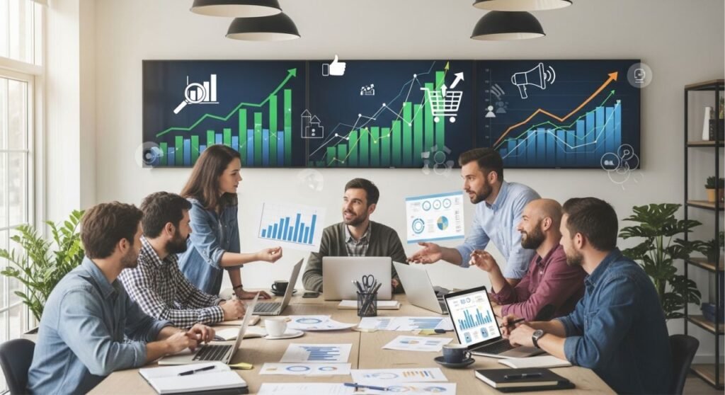 Thumbnail image of a diverse small business team collaborating with growth charts and digital marketing tools, representing small business growth strategies in 2026.