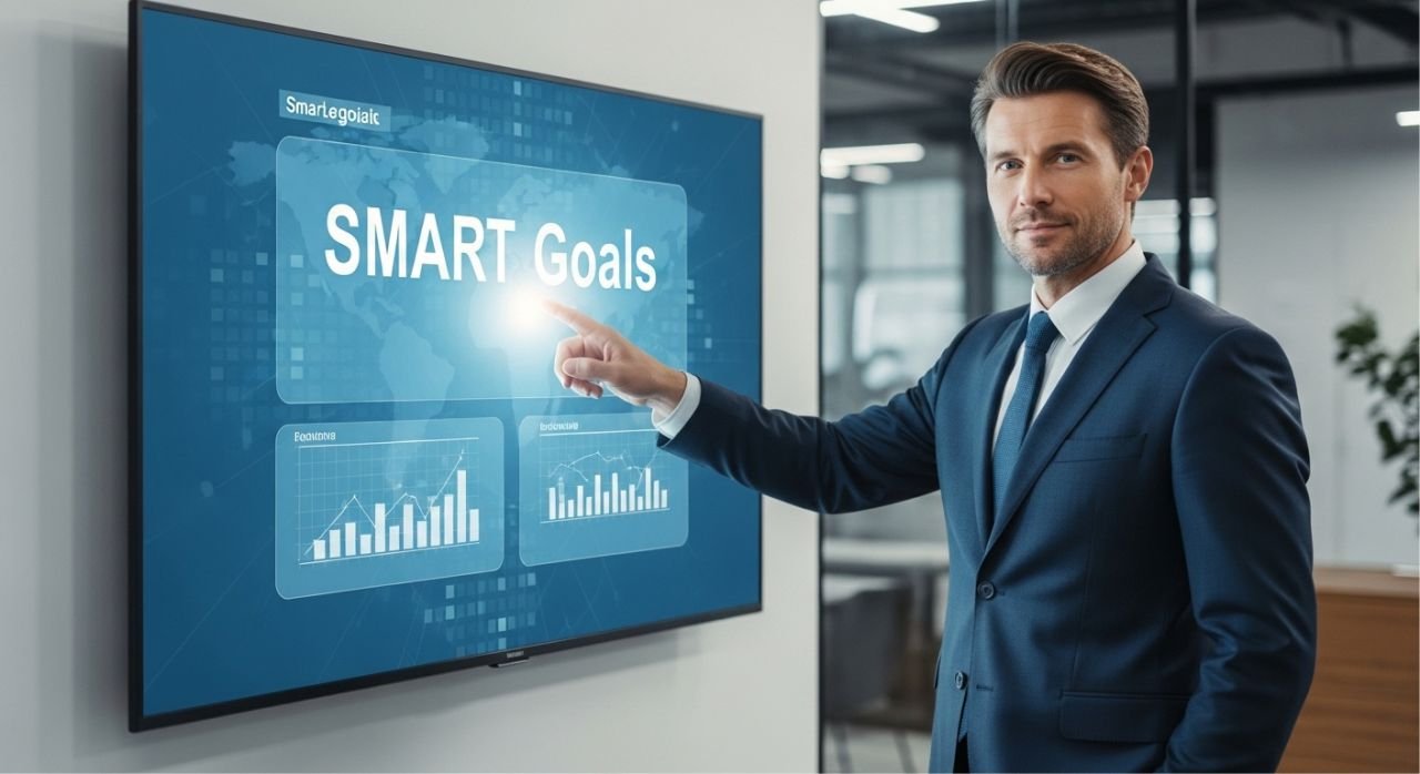 Business professional reviewing SMART goals and growth objectives on a digital screen, illustrating measurable business growth planning.