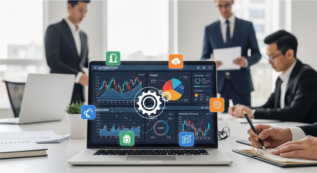 Illustration of financial reporting software dashboards showing charts, graphs, and team collaboration for accurate business reporting.