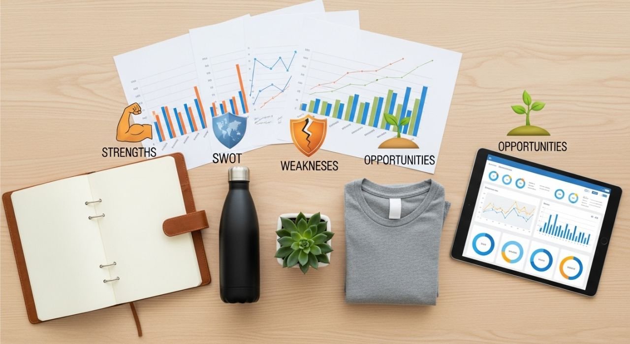 Small business planning session with charts, notebook, and SWOT analysis representing the foundations of business growth.