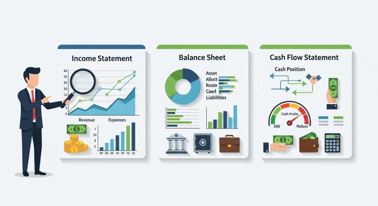 Visual representation of the three main financial statements: income statement, balance sheet, and cash flow statement.