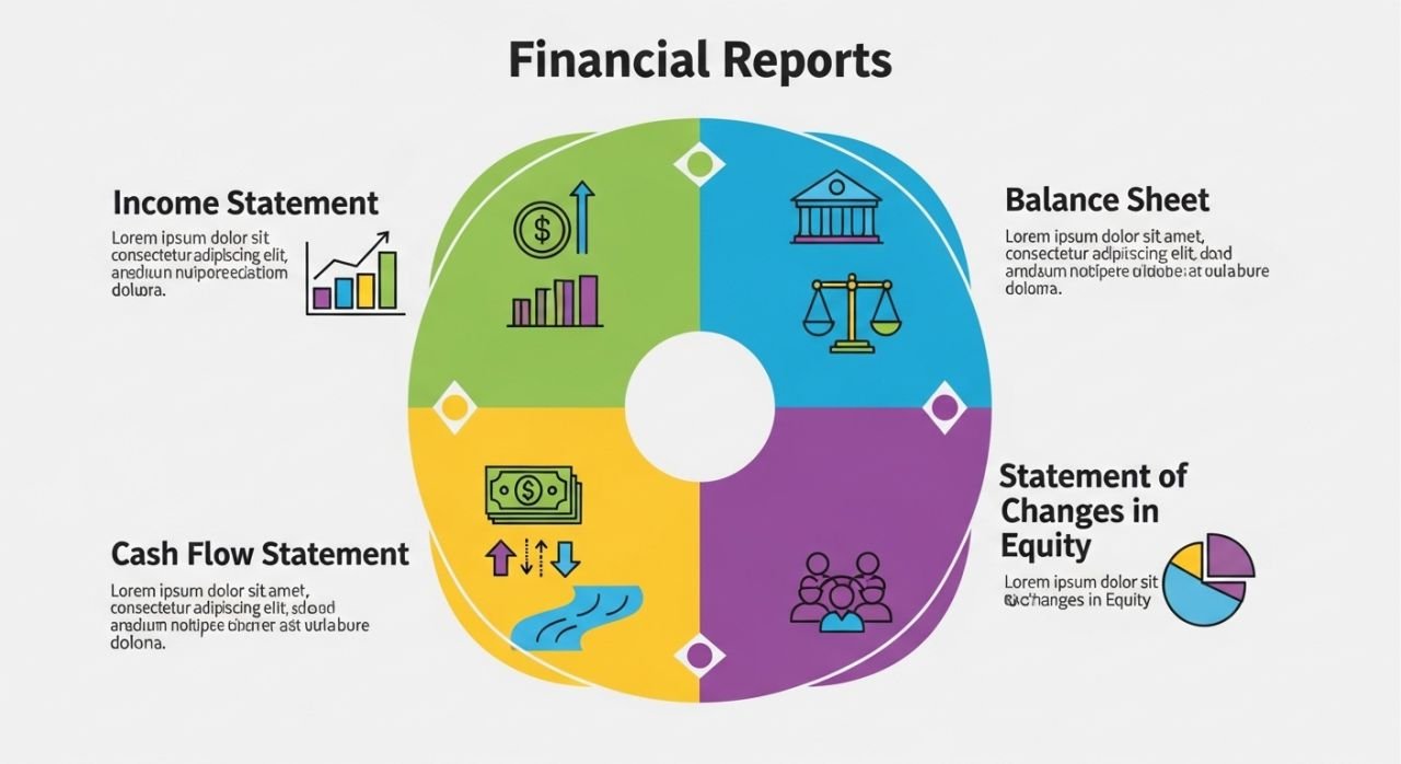 Chart showing the four types of financial reports in business financial reporting with clear icons for each type.