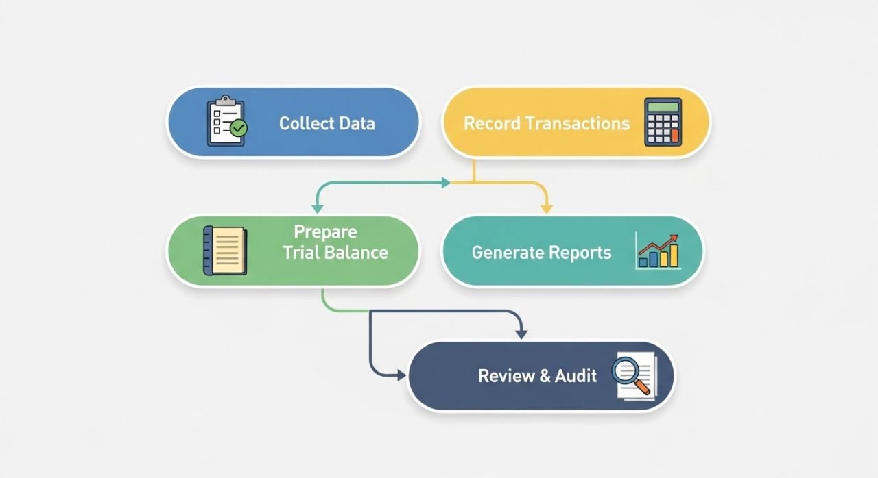 Step-by-step infographic showing the five steps of financial reporting from data collection to report finalization.