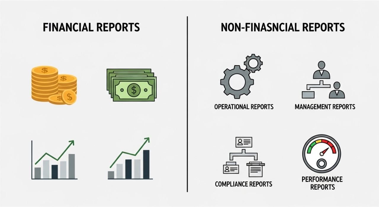 Comparison chart showing financial and non-financial business reports with icons for each type.